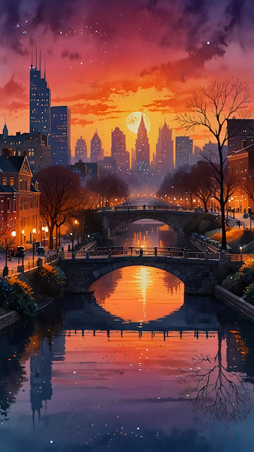 City Skyline at Sunset with Moon and River Reflection - Free 4K & 8K Mobile Wallpaper