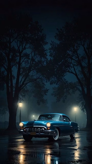 Classic Blue Coupe on Wet Street at Night Under Streetlights - Free 4K & 8K Mobile Wallpaper
