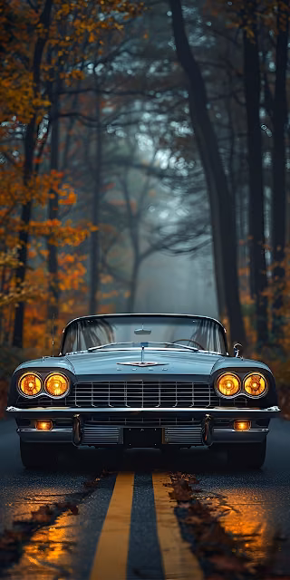 Classic Car on Autumn Forest Road at Dusk - Free 4K & 8K Mobile Wallpaper