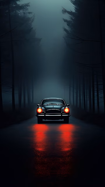 Classic Car Driving Through Dark Misty Forest Road - Free 4K & 8K Mobile Wallpaper