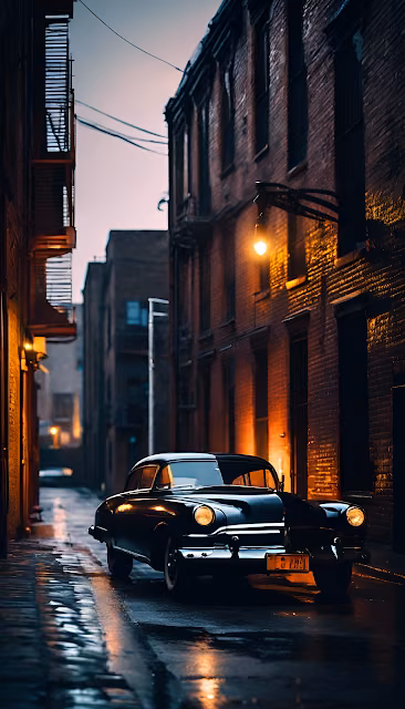 Classic Car Parked on Rainy Alley at Twilight - Free 4K & 8K Mobile Wallpaper