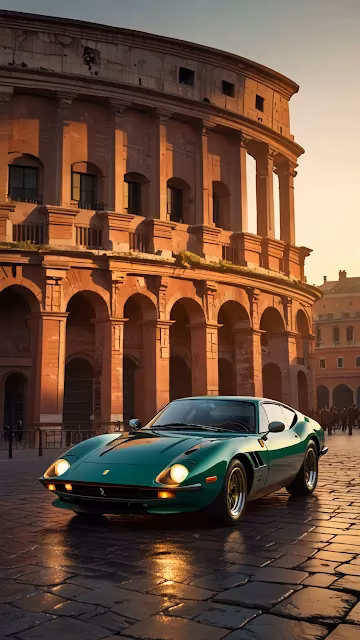 Classic Green Ferrari at Colosseum in Golden Light - Free 4K & 8K Mobile Wallpaper