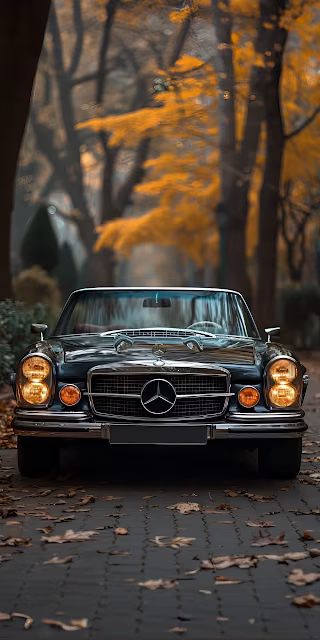 Classic Mercedes-Benz in Autumn Forest Path - Free 4K & 8K Mobile Wallpaper