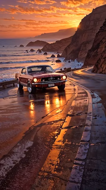 Classic Red Mustang on Coastal Road at Sunset - Free 4K & 8K Mobile Wallpaper