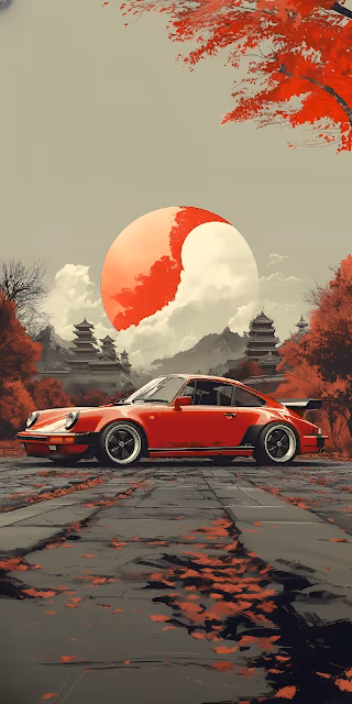 Classic Red Porsche 911 Japanese Pagoda Art Illustration - Free 4K & 8K Mobile Wallpaper