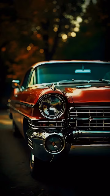 Close-up of the front chrome headlight and bumper of a red classic vintage automobile with background bokeh.