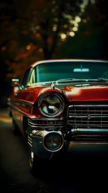 Close-up of the front chrome headlight and bumper of a red classic vintage automobile with background bokeh.