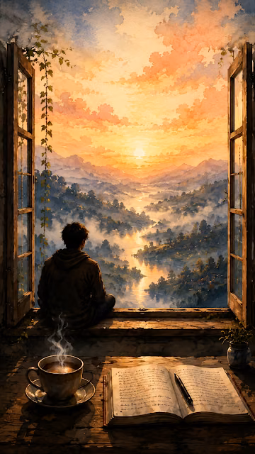 Classic Watercolor Sunset Window Silhouette with Hot Tea - Free 4K & 8K Mobile Wallpaper