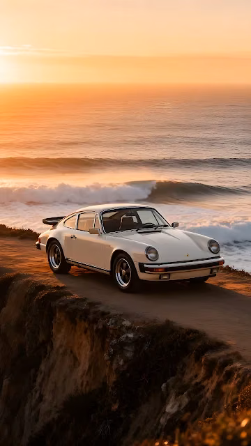 White vintage Porsche 911 coupe parked on a dirt cliff overlooking ocean waves at sunset.