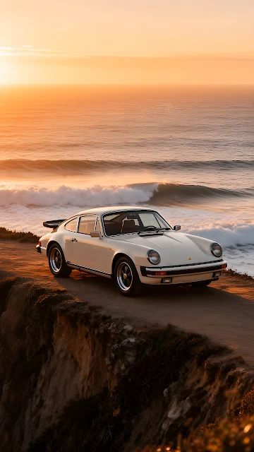 A vintage white Porsche 911 is parked on a coastal cliff overlooking breaking ocean waves at sunset. White vintage Porsche 911 coupe parked on a dirt cliff overlooking ocean waves at sunset.