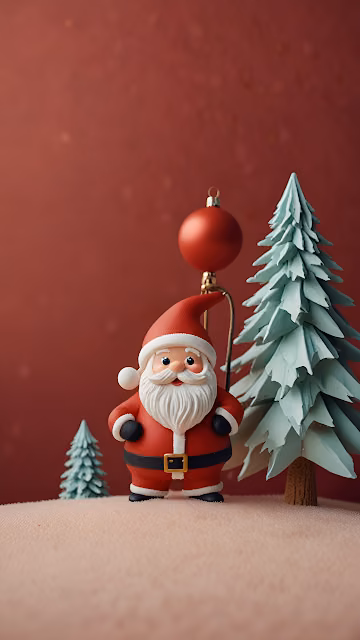 Clay Santa Figure with Mini Christmas Tree and Red Ornament - Free 4K & 8K Mobile Wallpaper