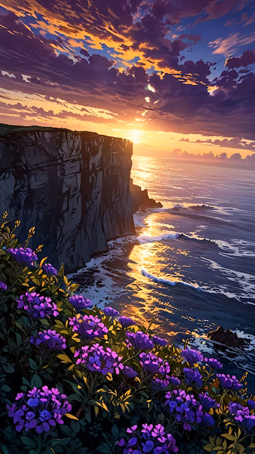 Cliffside Sunset with Purple Flowers and Ocean Glow - Free 4K & 8K Mobile Wallpaper