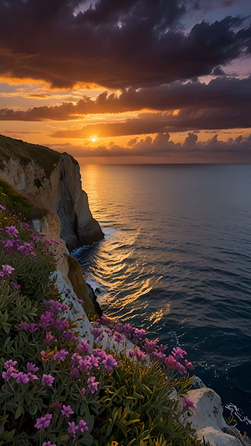 Cliffside Sunset with Purple Flowers and Ocean Glow - Free 4K & 8K Mobile Wallpaper