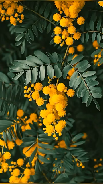 Close Up Vibrant Yellow Mimosa Flowers and Dark Green Leaves - Free 4K & 8K Mobile Wallpaper