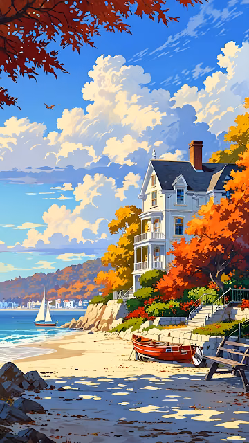 Coastal Autumn House with Sailboat and Red Leaves - Free 4K & 8K Mobile Wallpaper