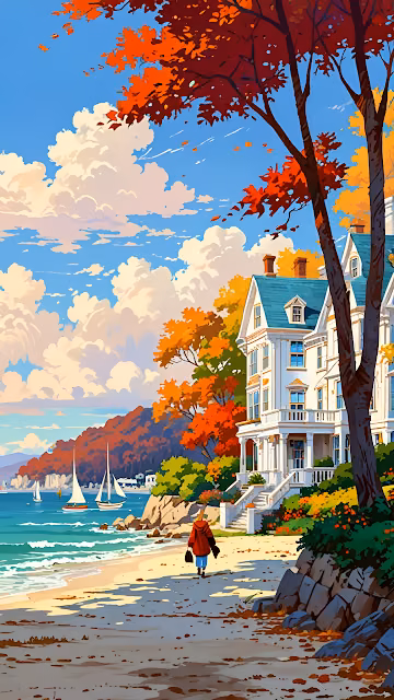Coastal Autumn Scene with House and Sailboats - Free 4K & 8K Mobile Wallpaper