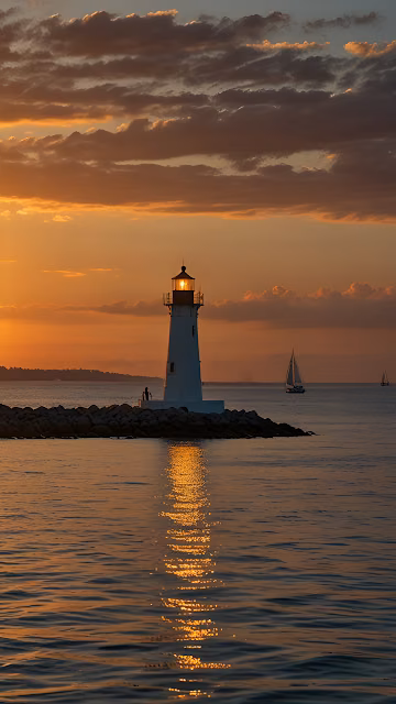 Coastal Lighthouse Sunset Golden Water Reflection Sailboats - Free 4K & 8K Mobile Wallpaper