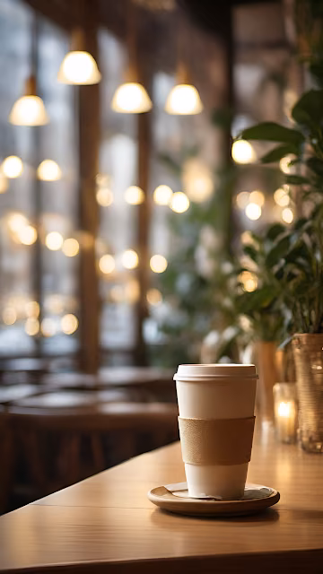 Coffee Cup on Wooden Table in Cozy Cafe with Soft Lights - Free 4K & 8K Mobile Wallpaper