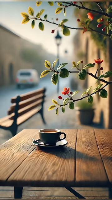 Coffee Cup on Wooden Table Under Blooming Branch - Free 4K & 8K Mobile Wallpaper