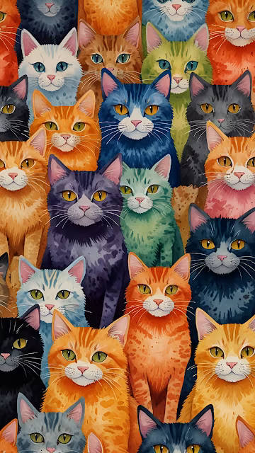 Colorful Cat Faces in Vibrant Watercolor Pattern - Free 4K & 8K Mobile Wallpaper