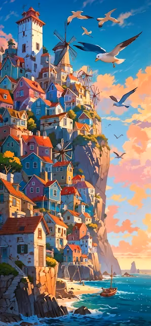 Colorful Cliffside Village at Sunset by Sea - Free 4K & 8K Mobile Wallpaper