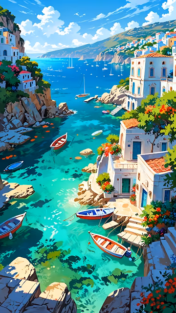 Colorful Coastal Village with Boats in Turquoise Bay - Free 4K & 8K Mobile Wallpaper