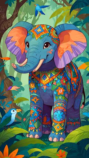 Colorful Decorated Elephant Jungle Illustration Art - Free 4K & 8K Mobile Wallpaper