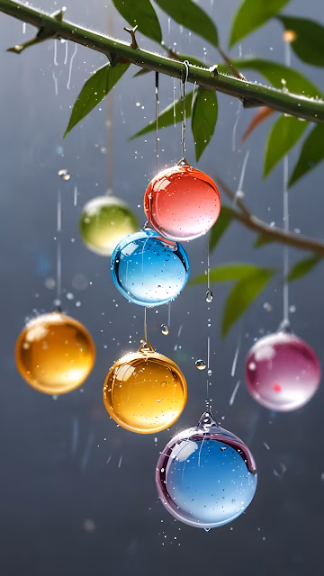 Colorful Glass Orbs Hanging from Rain-Slicked Branch - Free 4K & 8K Mobile Wallpaper