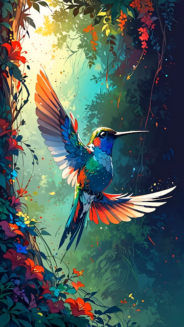 Colorful Hummingbird Hovering in Lush Tropical Forest Sunlight - Free 4K & 8K Mobile Wallpaper