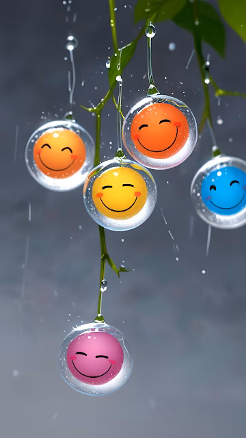 Colorful Smiley Faces in Water Droplets on Green Leaves - Free 4K & 8K Mobile Wallpaper