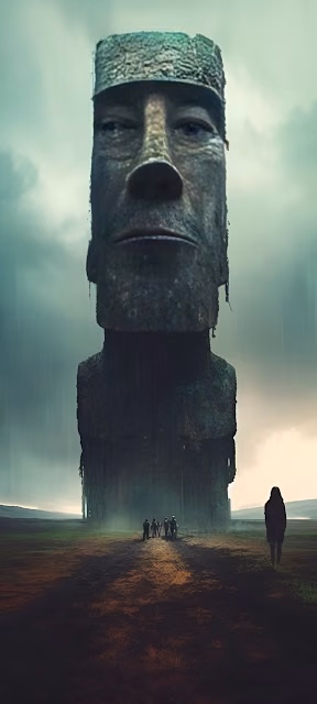 Colossal Ancient Stone Statue Over Misty Desolate Landscape - Free 4K & 8K Mobile Wallpaper