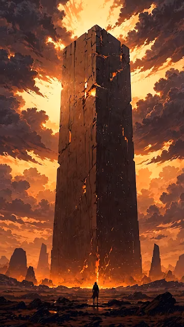 Colossal Dark Monolith in Apocalyptic Fiery Landscape - Free 4K & 8K Mobile Wallpaper