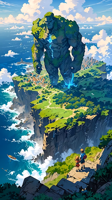Colossal Nature Golem Guardian on Coastal Cliffs - Free 4K & 8K Mobile Wallpaper