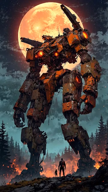 Colossal Rusty Mech Against an Orange Moon and Burning Forest - Free 4K & 8K Mobile Wallpaper