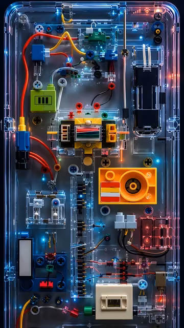 Colourful wires, switches and modular electronics sit beneath a transparent panel with blue and red edge lighting.