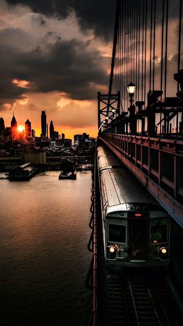 Commuter Train Crossing Bridge at Dramatic Sunset Skyline - Free 4K & 8K Mobile Wallpaper
