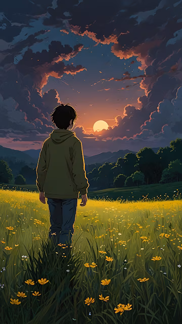 Contemplative Anime Character Sunset Meadow Illustration - Free 4K & 8K Mobile Wallpaper
