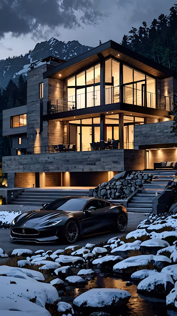 Contemporary Alpine Home Winter Dusk Scene - Free 4K & 8K Mobile Wallpaper