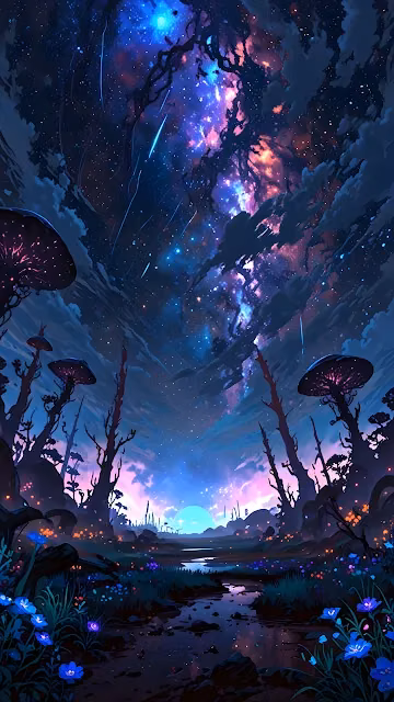Cosmic Bioluminescent Forest Under a Nebula Sky - Free 4K & 8K Mobile Wallpaper