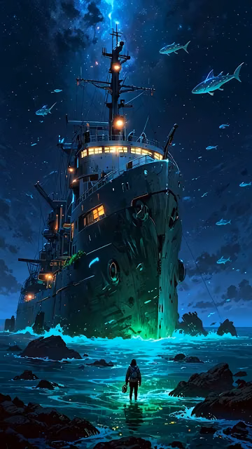 Cosmic Deep Sea Freighter Night Fantasy Art - Free 4K & 8K Mobile Wallpaper