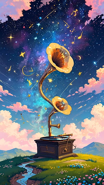 Cosmic Gramophone Playing Music into the Starry Galaxy - Free 4K & 8K Mobile Wallpaper