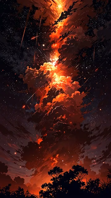 Cosmic Inferno and Meteor Shower Over Forest Silhouette - Free 4K & 8K Mobile Wallpaper