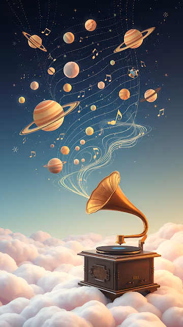 Cosmic Music Gramophone on Clouds Playing Planets - Free 4K & 8K Mobile Wallpaper