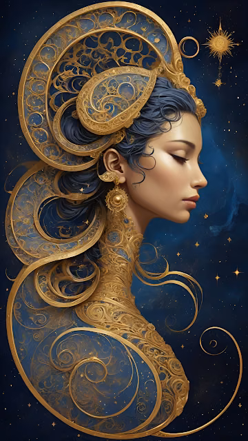 Cosmic Queen Baroque Gold Filigree Portrait Art - Free 4K & 8K Mobile Wallpaper