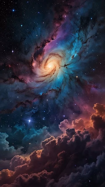 Cosmic Spiral Nebula Above Colorful Space Clouds - Free 4K & 8K Mobile Wallpaper