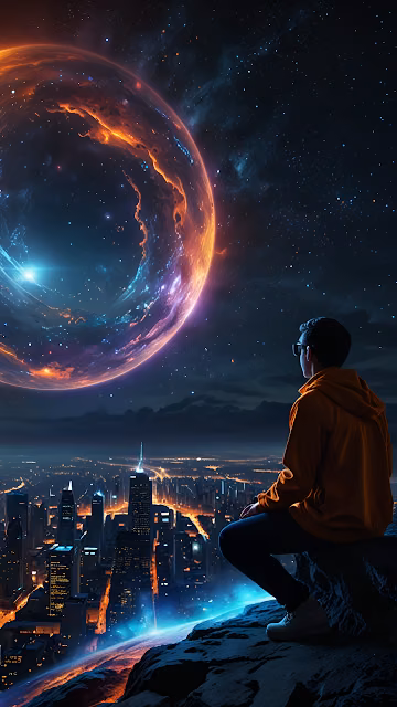 Cosmic View Man Watches Orange Nebula Planet Above City - Free 4K & 8K Mobile Wallpaper