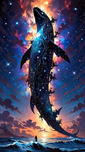 Cosmic whale soars above ocean at sunset with starry sky - Free 4K & 8K Mobile Wallpaper