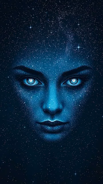 Cosmic Woman with Starry Face and Glowing Eyes - Free 4K & 8K Mobile Wallpaper