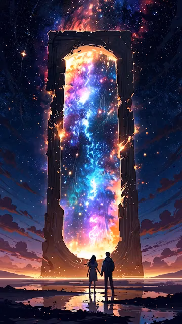 Couple holds hands before cosmic portal glowing with nebula light - Free 4K & 8K Mobile Wallpaper