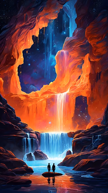 Couple Standing Before Cosmic Waterfall in Cave - Free 4K & 8K Mobile Wallpaper